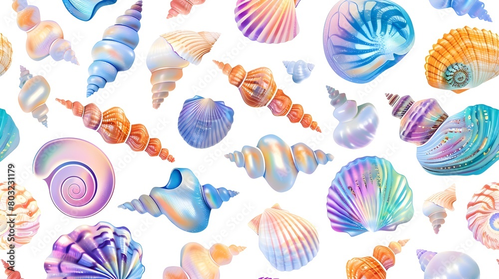Vibrant Seashell Seamless Pattern with Iridescent Accents on White Background Vibrant Seashell Seamless Pattern with Iridescent Accents on White Background