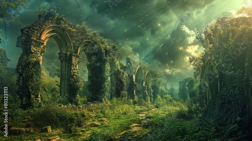 Enchanted forest ruins under a starry sky with archways overgrown with vines photo