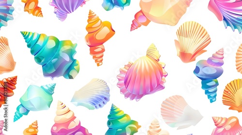 Vibrant Seashell Pattern with Iridescent Hues on White Background