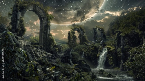 Enchanted forest ruins under a starry sky with archways overgrown with vines
