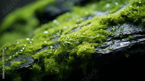  Lush green moss on a rock glistening with water droplets