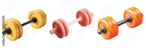 PNG weightlifting barbell 3d icons and objects collection, in cartoon style minimal on transparent, white background, isolate