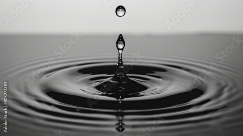 Monochrome water drop creating ripple effect on serene surface