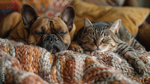 A sleepy bulldog nestled in a pile of cushions, while a mischievous tabby cat perches on the back of the sofa, plotting its next adventure.