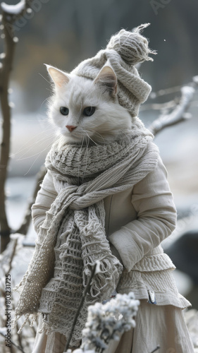 A feline beauty, with its fur as white as snow, dons an overcoat of the softest fabric,generative ai