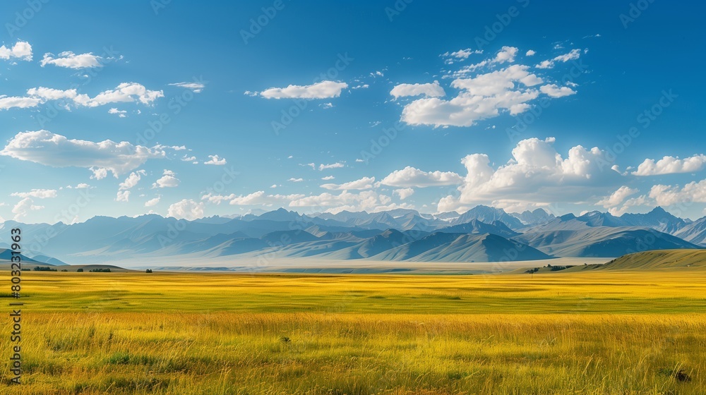 Vast golden field under a blue sky with scattered clouds, framed by distant mountain ranges.