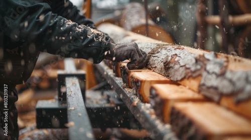 A person in gloves manually positioning a log on a portable sawmill, with wood chips flying around. photo