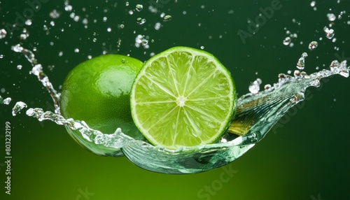 Vibrant splash of water on citrus fruits, lime, lemon, creates a refreshing scene. Isolated on a clean colorful background