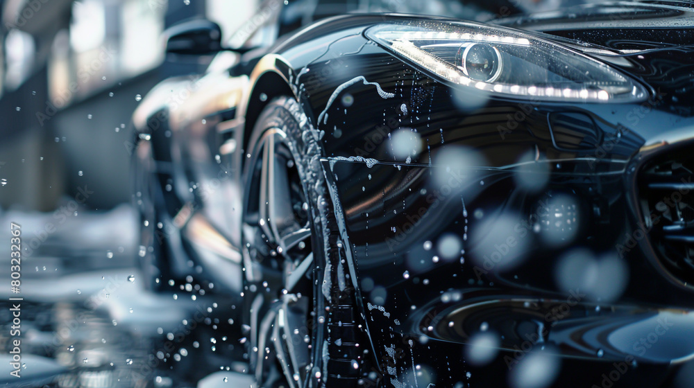 A sports car is washed with soap and water A sports car is washed with soap and water