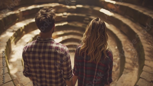 A young couple navigating a labyrinth where each turn reveals moments from their relationship