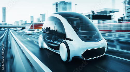 Futuristic autonomous vehicle speeding on a bustling city highway, showcasing modern transportation.
