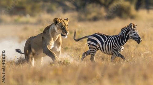 LIONESS CHASING A HUNTING ZEBRA in its habitat in Africa in high resolution