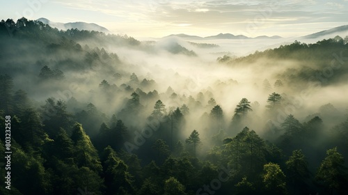 Misty forest sunrise with rays of light filtering through trees
