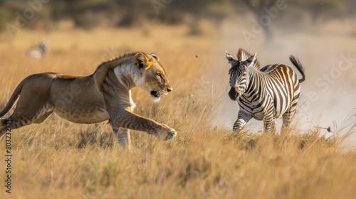 LIONESS CHASING A HUNTING ZEBRA IN ITS HABITS IN AFRICA
