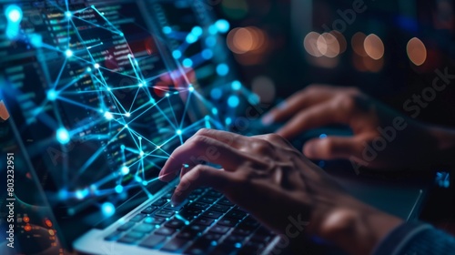 Close-up of hands typing on a laptop keyboard with futuristic digital network connections and lights.