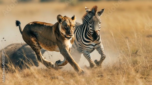 LIONESS CHASING A HUNTING ZEBRA in its habitat in Africa in high resolution and high quality. animals concept