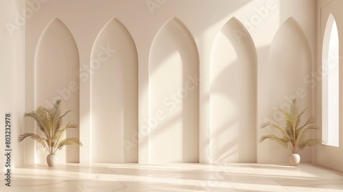 Serene interior featuring arched wall niches with two potted palm plants under soft sunlight. photo