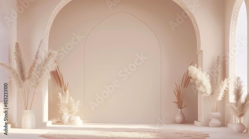 Elegant interior design featuring a large archway flanked by tall pampas grass in various textured vases. photo