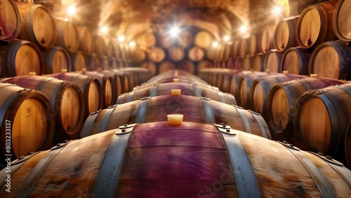 A traditional wine cellar with oak barrels producing fortified Marsala wine. Concept Wine Production, Oak Barrels, Fortified Wine, Marsala, Traditional Cellar