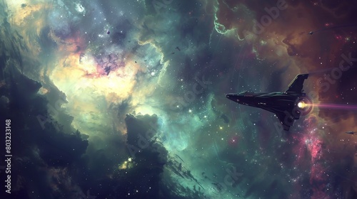 Surreal space journey with spaceship navigating through cosmic clouds and galaxies