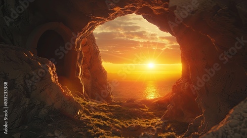 Majestic cave opening with a stunning sunset over the ocean