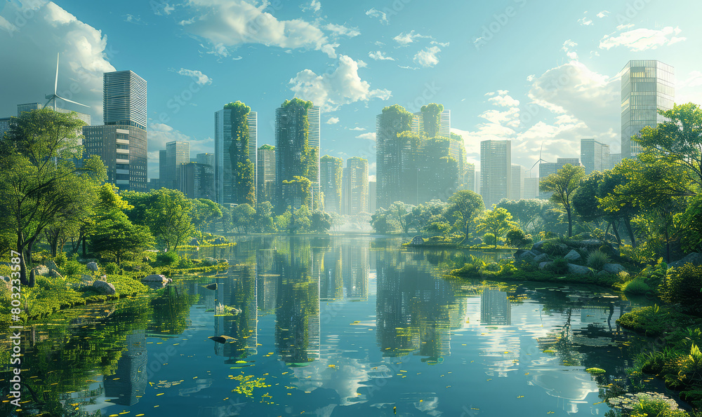 Fototapeta premium Modern Cityscape With Skyscrapers and Trees