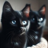 vue de près un magnifique chat noir au yeux bleus , des magnifique détails sur sa fourrure, le chat regarde la caméra, flou a l arrière