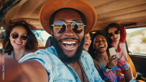 A group of people are smiling and posing for a picture in a car. The man in the center is wearing a hat and sunglasses © SerPak