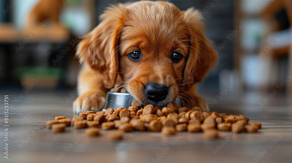 A brown dog is eating food from a bowl. The dog is looking up at the camera A brown dog is eating food from a bowl. The dog is looking up at the camera