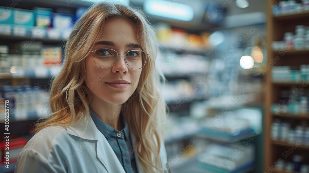 Confident female pharmacist with glasses standing among pharmacy shelves