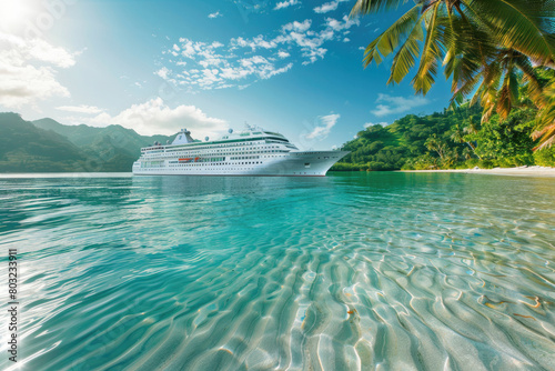 A massive cruise ship anchored in crystal-clear waters near a picturesque tropical island with lush palm trees