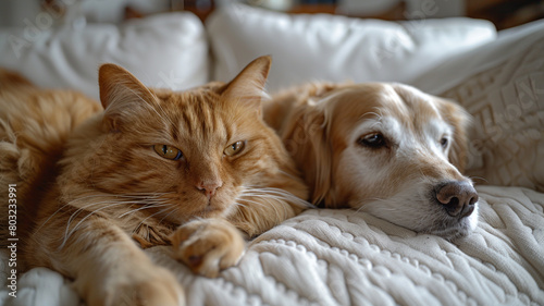 A tranquil white room with a regal Siamese cat lounging on a white armchair, and a loyal golden retriever lying by its side.