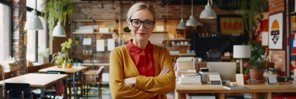 Fototapeta premium A woman with glasses stands in a room, looking around with a serious expression