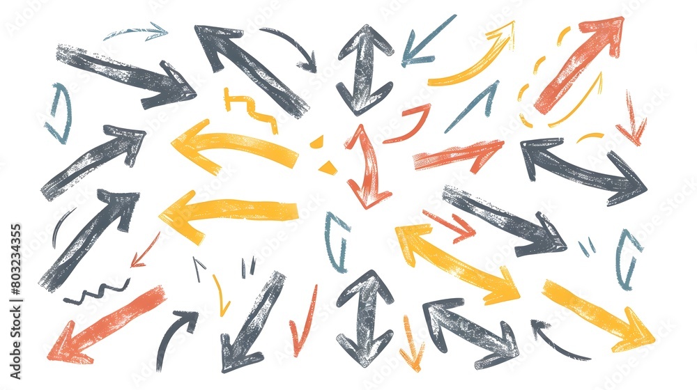 Assorted Hand-Drawn Curved Arrows Pointing in Different Directions on White Background Assorted Hand-Drawn Curved Arrows Pointing in Different Directions on White Background