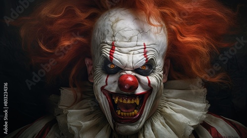 Creepy clown portrait with fiery red hair and sinister smile photo
