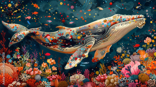 whale, colourful, exquisite detailed, coral, seaweed, fish, patterns, illustration.generative ai