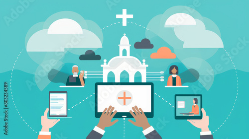 Virtual religious service with prayer icons and digital church.
