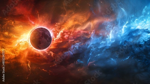 Digital rendering of dramatic solar eclipse in paintinglike setting. Concept Solar Eclipse, Digital Rendering, Dramatic Setting, Painting-like, Astronomy