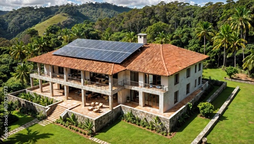 Wallpaper Mural A luxurious villa with solar panels, nestled in lush greenery, offering a blend of modern sustainability and classic architecture. Torontodigital.ca