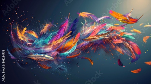 Vibrant swirl of colorful feathers in motion, creating a dynamic and artistic ambiance