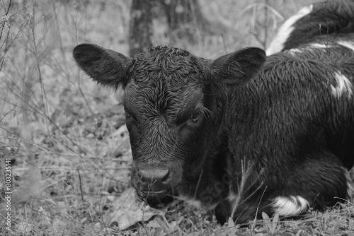 Calf cow with wet fur closeup during rainy weather in black and white on farm.