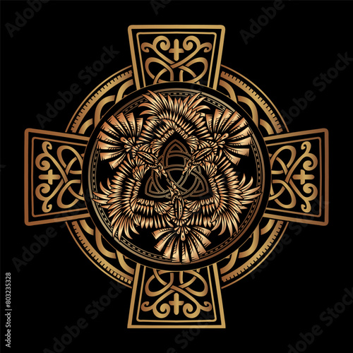 Odin's Celtic Raven. Scandinavian tattoo. Runic symbols in the Old Norse language mean Raven. Trixel, Celtic cross, Gungir and knots. Vector illustration of Scandinavian myths.