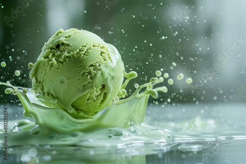 A levitating scoop of green ice cream captured in exquisite detail, accompanied by a stunning splash. © Faisu