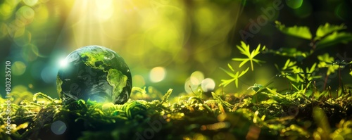 Green planet earth with green forest and sun rays. healthy environment for life, ecology concept