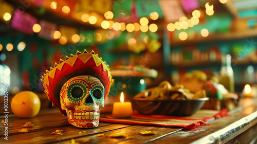 Traditional Day of the Dead table decorate with skull and marigold flower  photo