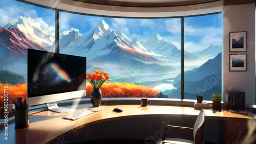 A modern office room with snow mountains view photo