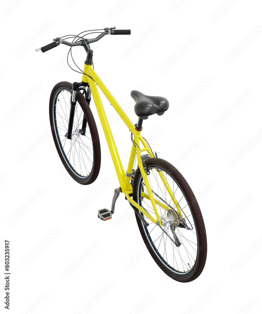 Yellow bicycle, side top view. Black leather saddle and handles. Png clipart isolated on transparent background
