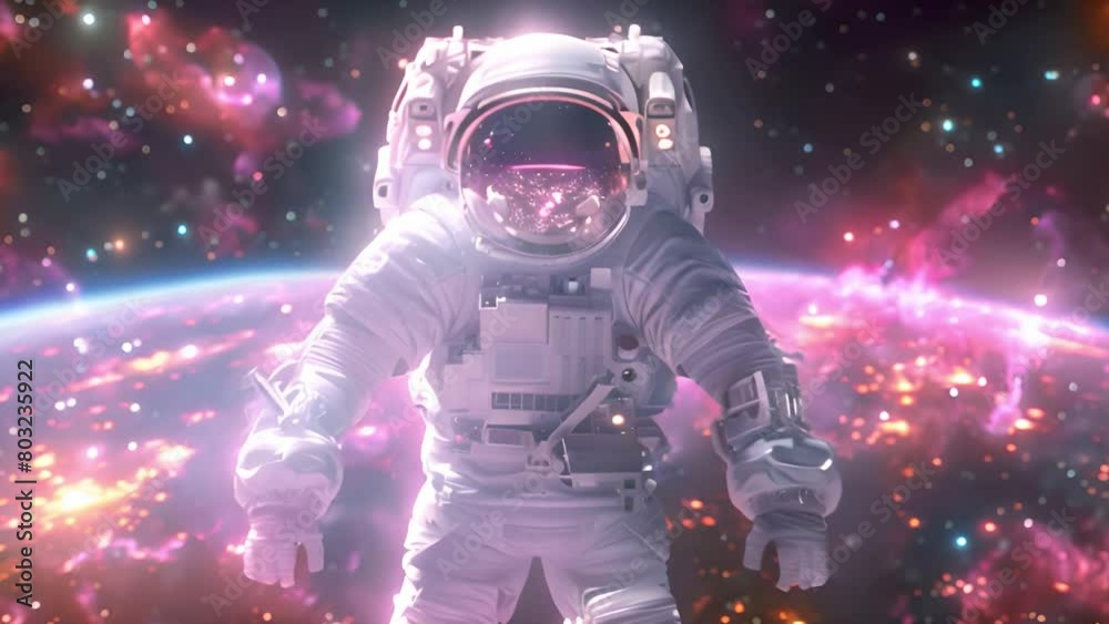 A man in a space suit stands in front of a massive planet, taking in the vastness of space around him.