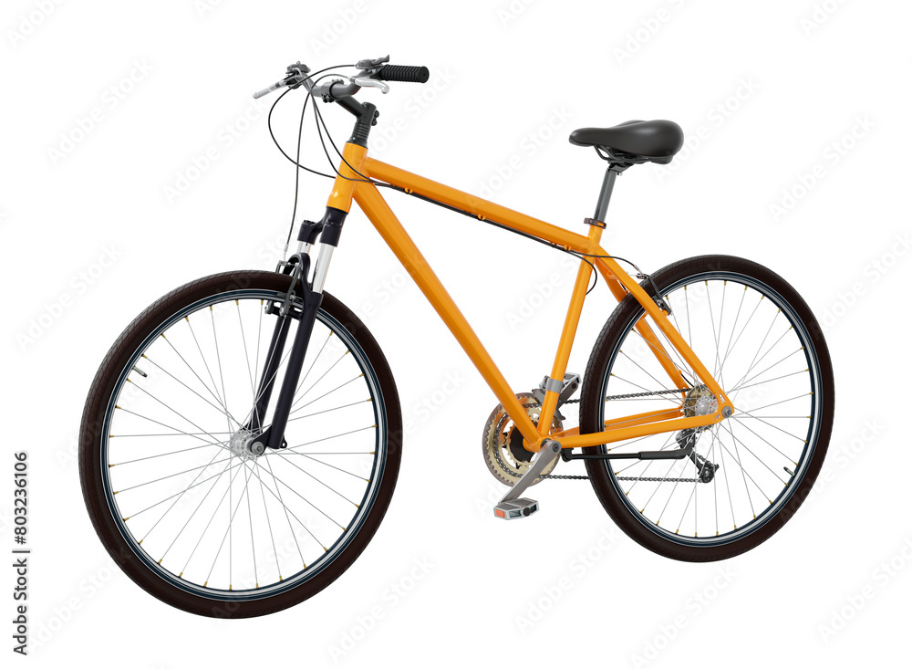 Orange bicycle, side front view. Black leather saddle and handles. Png clipart isolated on transparent background