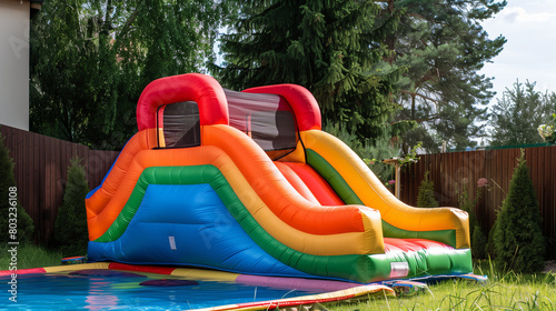 
Inflatable bounce house water slide in the backyard, Colorful bouncy castle slide for children playground.